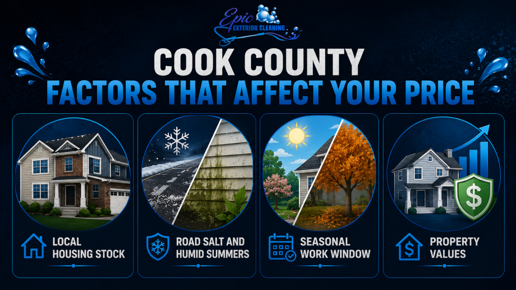 Infographic showing Cook County factors that affect pressure washing prices, including housing materials, road salt, humid summers, seasonal availability, and property values.