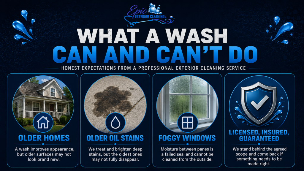 Infographic explaining realistic pressure washing results for older homes, deep oil stains, foggy windows, and guaranteed professional service.