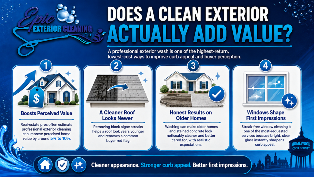 Infographic from Epic Exterior Cleaning explaining how exterior cleaning can add value by improving curb appeal, making roofs look newer, improving the appearance of older homes, and enhancing first impressions with streak-free windows.