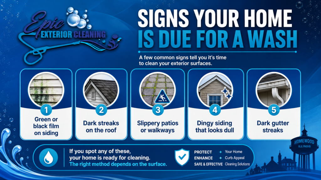 Infographic from Epic Exterior Cleaning showing five signs a home needs washing, including algae or mildew on siding, dark roof streaks, slippery patios or walkways, dingy siding, and dark gutter streaks.